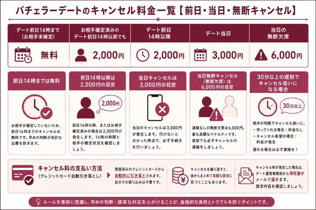 バチェラーデートのキャンセル料金一覧【前日・当日・無断キャンセル】