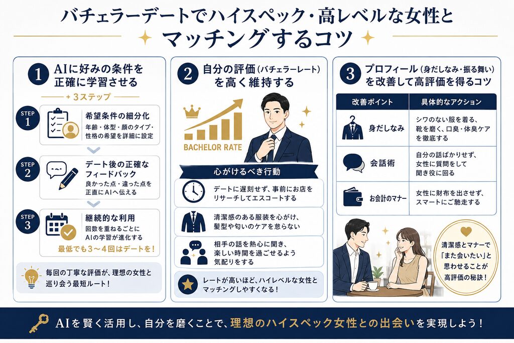 バチェラーデートでハイスペック・高レベルな女性とマッチングするコツ