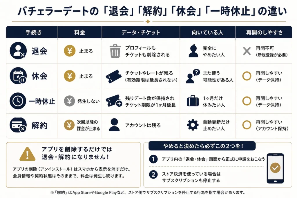 バチェラーデートの「退会」「解約」「休会」「一時休止」の違い