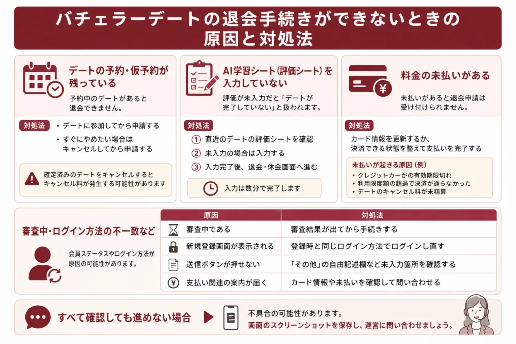 バチェラーデートの退会手続きができないときの原因と対処法